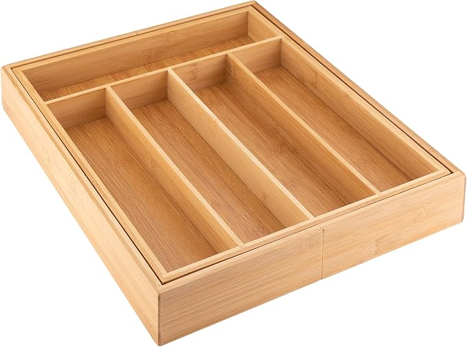 axentia Wood Cutlery Tray - Expandable Bamboo Cutlery Tray Utensil Organiser Flatware Drawer Insert & Divider - 5 to 7 Compartments - Extendable 31 to 48.5cm - Image 2