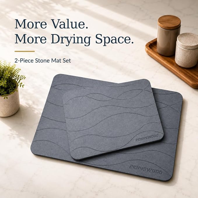 2 Pack Large Stone Dish Drying Mats for Kitchen Counter, （24" x 16" + 16" x 12"）, Diatomaceous Earth, Ultra Absorbent, Quick Dry, with Wooden Feet and Non-Slip Mesh Liners - Image 3