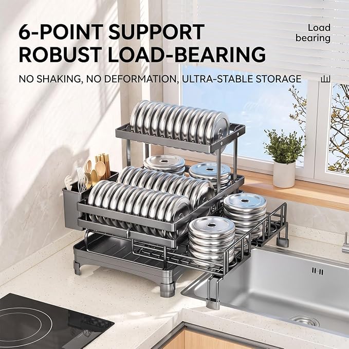 2 Tier Dish Drying Rack, Expandable Dish Rack for Kitchen Counter with 360° Swivel Auto Drain Spout, Large Capacity Dish Drainer with Detachable Utensil Holder, Carbon Steel Kitchen Organizer - Image 8