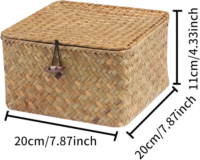 Moosky Wicker Shelf Baskets with Lid, Handwoven Seagrass Storage Basket Bins Square Gift Boxes for Shelves Home Decor Organizer (Natural, Small) - Image 4