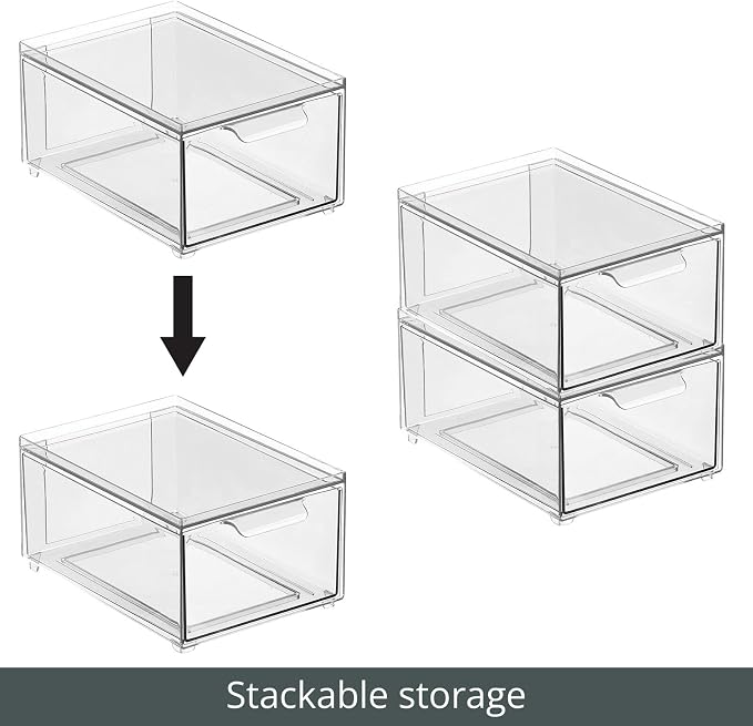 mDesign Plastic Bathroom Organizer Bin w/Pull Out Drawer - Slim Stackable Storage Container for Bathroom Accessories - Perfect for Organizing Bathroom Cabinet - Lumiere Collection - 4 Pack - Clear - Image 4