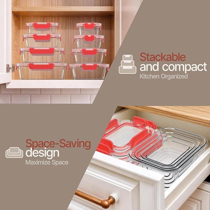 Bakken Borosilicate Glass Food Storage Containers with Lids 24 Pieces, BPA-Free Stackable Lunch & Leftover Containers, Microwave, Freezer & Dishwasher Safe, 100% Airtight Leak-Proof, Red - Image 9