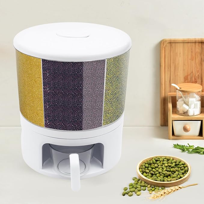 360° Rotating Grain Dispenser With 6 Grids, 24lbs Large Capacity Grain Dispenser Rotating Kitchen Storage Containers With Sealed Lid For Peanut Barley Millet And Cereal(White) - Image 4