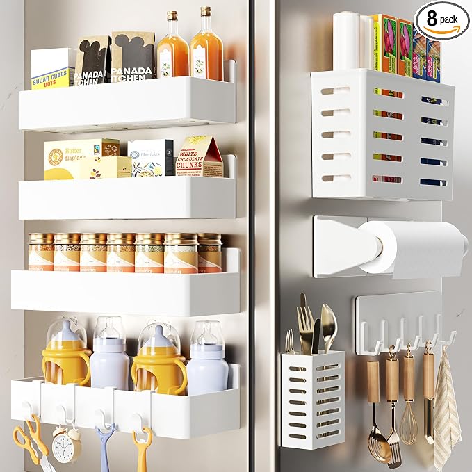 Magnetic Spice Rack for Refrigerator,8 Pack Magnetic Shelf,Fridge Magnet Organizer with Paper Towel Holder,Utensils Racks,Hook Rack,Deepened Basket,Fridge Organizers and Storage White(8 Pack) by Mystozer