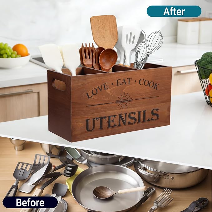 2 PC Wooden Utensil Holder,（With 4-Compartments size*1 + 3-Compartments size*1） Extra Large Kitchen Counter,Cooking Spatula Organizer,Farmhouse Decor, Rustic Cooking Utensil - Image 3