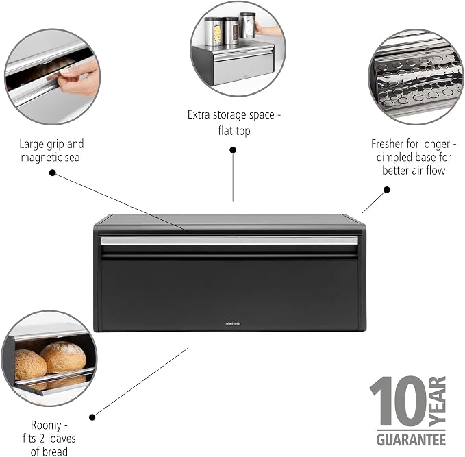 Brabantia Rectangular Fall Front Bread Box | Matt Black | Large Metal Front Opening Bread Store for Kitchen Countertop | Flat Top for Extra Storage, Magnet Closing Lid | Fits 2 Loaves - Image 3