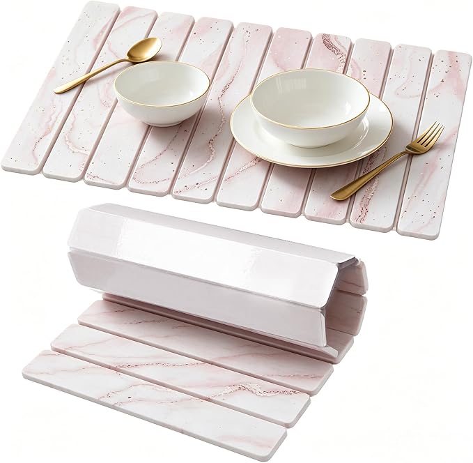 Stone Drying Mat for Kitchen Counter, Quick Diatomaceous Earth Mats for Dishes, 24"L x 16" W Super Absorbent Fast-Drying Collapsible Countertop Stone Mat (Marble White-07, 24" x 16") by Unknown
