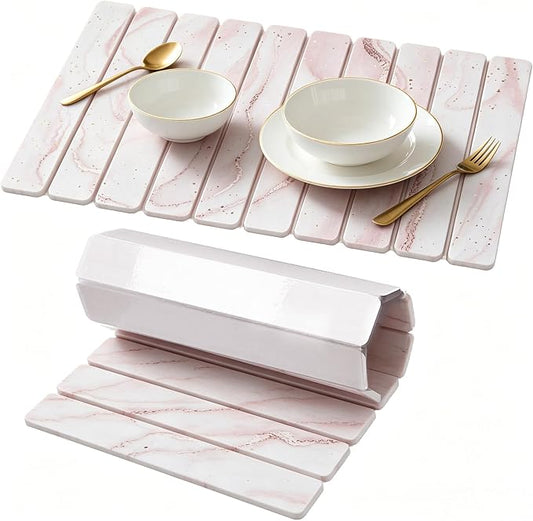Stone Drying Mat for Kitchen Counter, Quick Diatomaceous Earth Mats for Dishes, 24"L x 16" W Super Absorbent Fast-Drying Collapsible Countertop Stone Mat (Marble White-07, 24" x 16") by Unknown