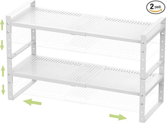 Jojocross Expandable Stackable Aadjustable Shoe Rack Pantry Shelf for Kitchen Cabinets Counter Shelves Countertop Cupboard Storage Solution,Sturdy Heavy-Duty Metal Construction(2Packs/White/Large) by JOJOCROSSHIGHQUALITYLIFE