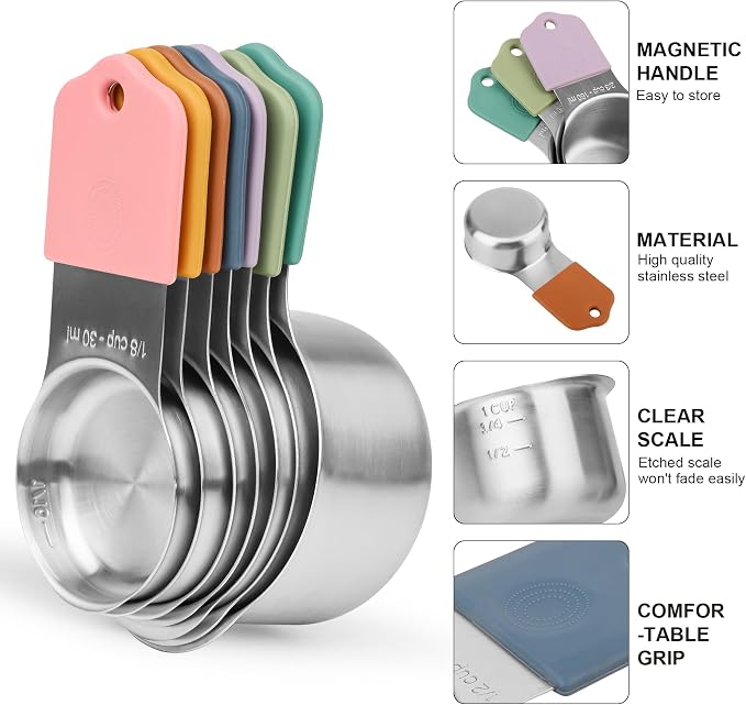 Magnetic Measuring Cups & Spoons Set 15, Stainless Steel Measuring Cups and Spoons Set, Color Heavy Duty Metal Measuring Cups&Spoons Set w/Leveler & Measure Equivalents for Cooking & Baking - Image 5