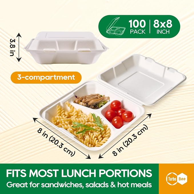 Turbo Bee 100 Pack 8x8inch White 3 Compartment Take Out Containers with Lids, Disposable Clamshell Meal Prep Containers, Divided Lunch Boxes for Catering, Restaurant & Meal Prep - Image 2
