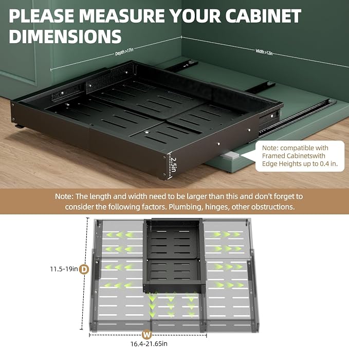Expandable Pull Out Cabinet Organizer, Adjustable Width 12"-19" & Depth 16.5"-22", 4-Side Extension, 5 Slide Rails for Heavy Duty Use, Adhesive Roll Out Shelves for Kitchen Cabinets, Black 1PCS - Image 2