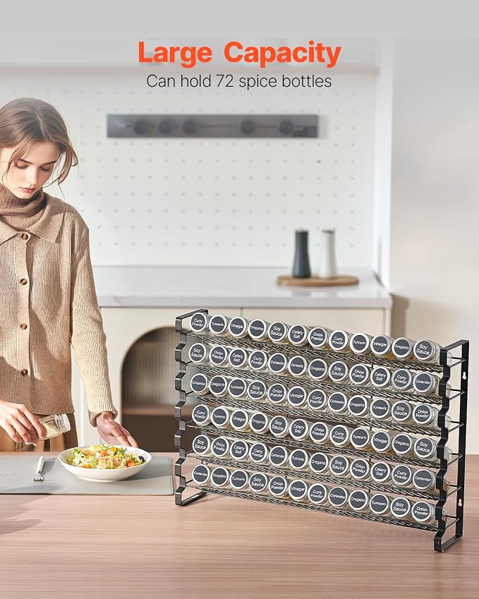 VEVOR Spice Rack Organizer for Cabinet, Spice Organizer with 72 Empty Spice Jars, Lids, Spice Labels, and Funnel Complete Set, Seasoning Organizer for Countertop, Kitchen, Pantry, Cupboard, 23x16 in - Image 2