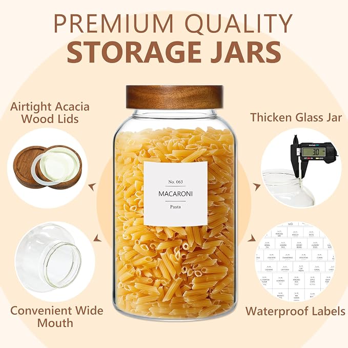 KEYWING 88oz Glass Jars w/Acacia Lids for Flour & Sugar Storage Containers | 3Pcs Large Airtight Food Storage Containers , Pantry Organizers for Rice, Pasta, Cereal, Cookies –88 fl.oz with 126 Labels - Image 3