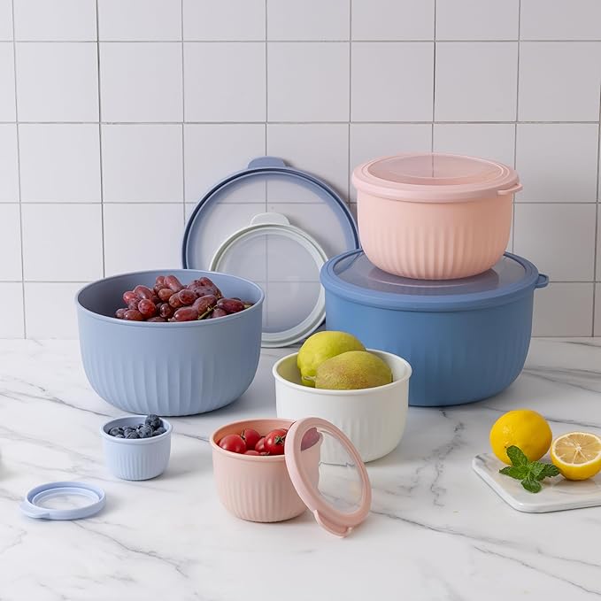 COOK WITH COLOR Prep Bowls with Lids- Wide and Deep Nesting Plastic Small Mixing Bowl Set with Lids, 12 Piece Set - Deep Bowls, Blue/Pink - Image 6