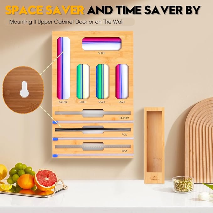 Bamboo Ziplock Bag Organizer for Kitchen Drawer & Wall Mount, Food Storage Baggie Holder, Fits Gallon Quart Sandwich Snack Freezer & Slider Bags, No Assembly, 9 in 1,Natural Color - Image 4