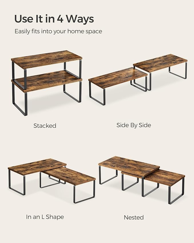 SONGMICS Cabinet Organizer Shelf, Set of 4 Kitchen Counter Shelves, Kitchen Storage, Spice Rack, Stackable, Expandable, Metal and Engineered Wood, Ink Black and Rustic Brown UKCS022X01 - Image 7