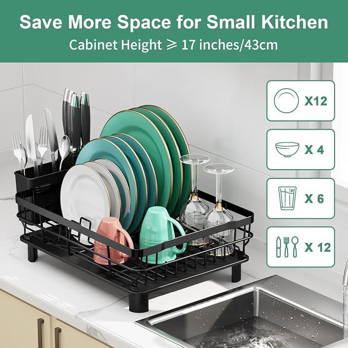 MOUKABAL Dish Drying Rack with Drainboard for Kitchen Counter, Black | 13×17 Large Capacity/Rustproof Stainless Steel/Fast Drainage Dish Drainer/Removable Utensil Holder/Kitchen Counter Organizer - Image 3