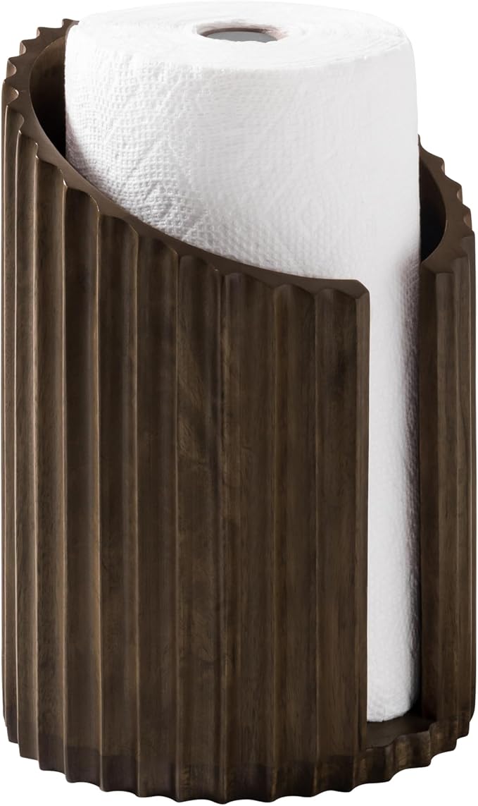 Anji Mountain Wooden Paper Towel Holder with Metal Holder, Holder Stand for Kitchen Roll Organizer & Kitchen Dining Table Home Décor, Countertop Fits Jumbo & Mega Rolls - Chocolate/Black, Fluted - Image 2