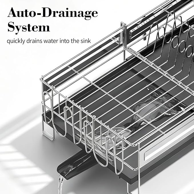Delamu Large Dish Drying Rack, Stainless Steel Dish Racks for Kitchen Counter, Multifunctional Dish Drainer with Cutlery & Cup Holders, Extendable from 13.4 to 28.7 in, Black - Image 5