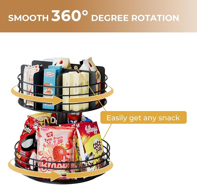 Snack Organizer - Versatile Snack Storage 2 Tier Lazy Susan with Convenient Grab-and-Go Design, Metal Snack Holder for Home, Office, Breakroom, 11.85" L x 11.85" W x 13.3" H (Matte Black) - Image 6