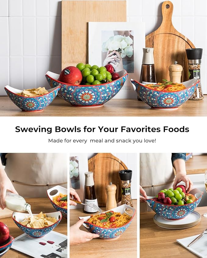 LAUCHUH Serving Dishes, Porcelain Bohemian Serving Bowls with Handles | Mixing Bowls Set Salad Bowls Nesting Bowls for Entertaining, Thanksgiving Party, Bowl Set of 3, 15/28/49 oz, Blue and Yellow - Image 4