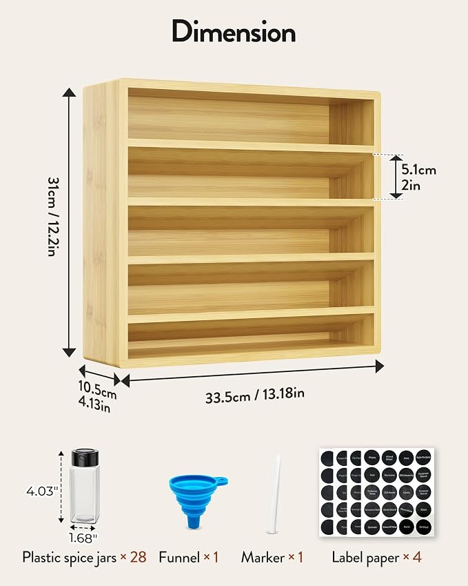 Orimade 4 Tier Spice Rack Organizer for Cabinet with 28 Plastic Spice Jars, Freestanding Bamboo Seasoning Rack for Countertop, Cupboard, Pantry, Kitchen, 13.18 x 4.13 x 12.2 inches - Image 6