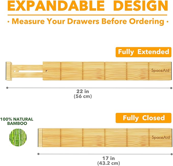 SpaceAid Bamboo Drawer Dividers with Inserts and Labels, Kitchen Adjustable Drawer Organizers, Expandable Organization for Home, Office, Dressers, 4 Dividers with 9 Inserts (17"-22" Natural) - Image 5
