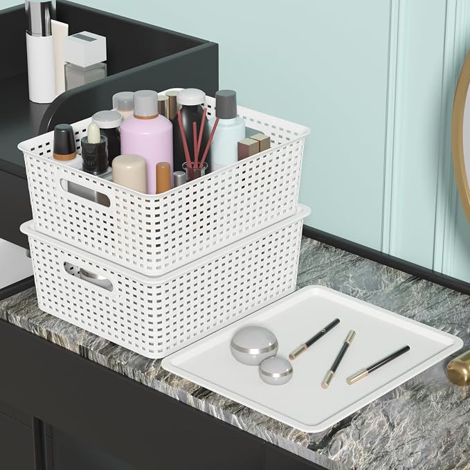 Hespama 6 Pack Plastic Weave Storage Basket, Stackable Lidded Organizer Bin | White - Image 2