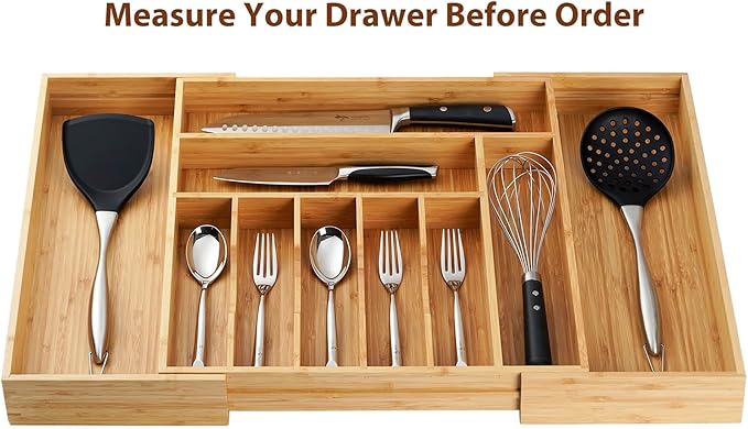 Extra Large Expandable Kitchen Siverware Utensils Drawer Organizer, 19" Deep for Big Drawer, Adjustable Bamboo Wood Drawer Divider with Curved Grooves, Cutlery Tray Flatware Holder - Image 5