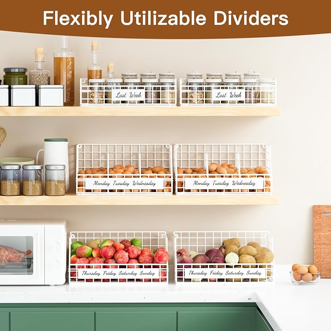 Egg Basket, Stackable Wall Mount Countertop Egg Holder with Weekday Labels | Rustproof carbon steel basket with adjustable dividers, ideal for farm eggs, backyard poultry, small kitchen & pantry storage - Image 2