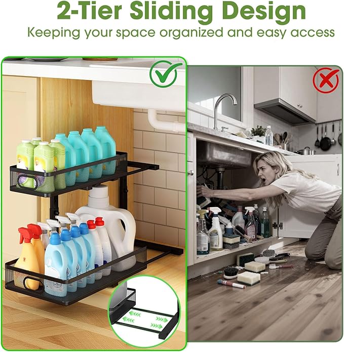 Under Sink Organizer 4-Pack, Metal 2-Tier Pull-Out Cabinet Shelf with Slide-Out Mesh Drawers, Height Adjustable, Space-Saving Storage Racks for Kitchen, Bathroom, Laundry Room - Image 3