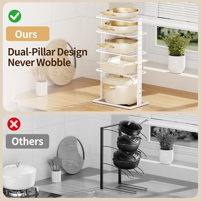 LAMU Pots and Pans Organizer Under Cabinet, 5 -Tier Dual-Pillar Design | Adjustable All-Metal Rack Stores Pots, Pans And Lids in Cabinets, on Countertops or Under Sinks, Holding Up to 55 Lb White - Image 3