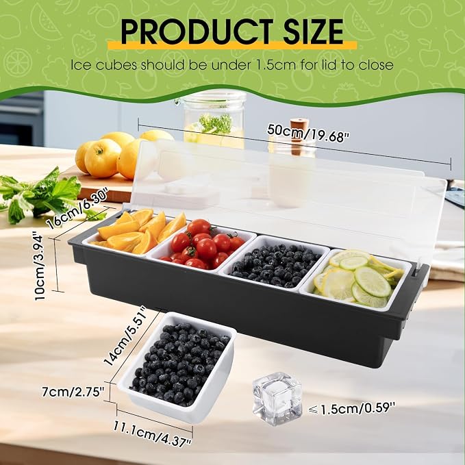 2-Pack Condiment Caddy with Lid, 4-Compartment, Ice Space Base | Under-tray ice space keep food chilled,4 removable trays for quick refill,finger grips,frosted cover,for bars buffets parties - Image 2