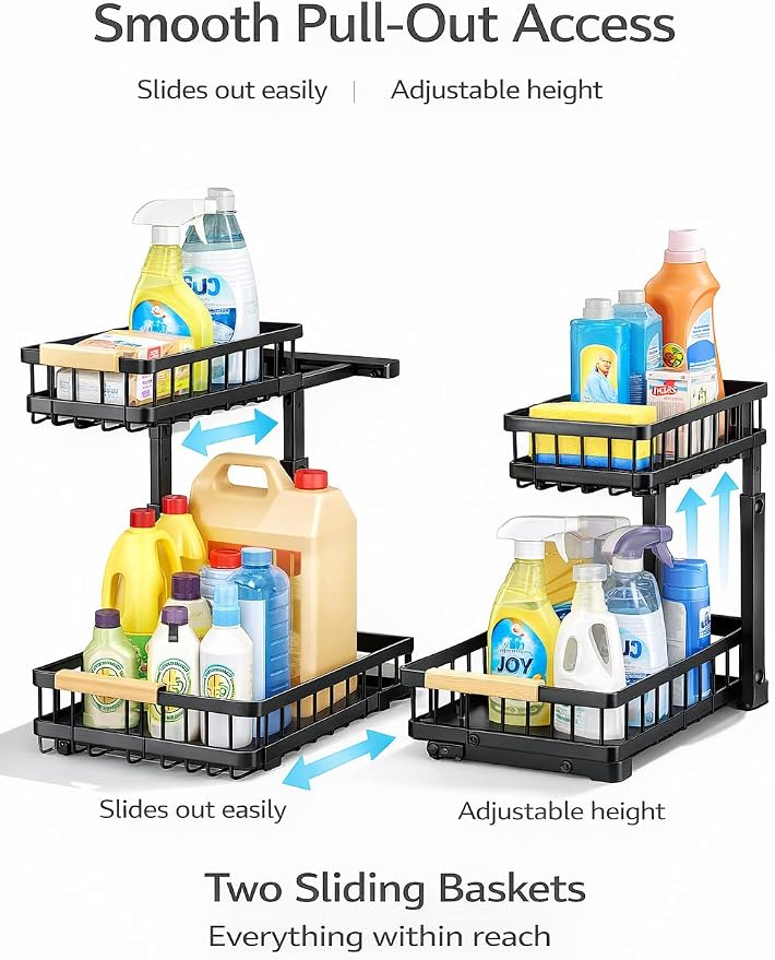 Lumela Under Sink Organizer, 2-Tier Slide-Out Cabinet Organizer Shelf, Height Adjustable Metal Pull-Out Storage Rack with Wood Handle for Kitchen & Bathroom Cabinets (Black) - Image 2