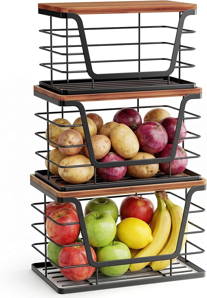 ALOCEO 3 Pack Stackable Storage Bins with Lids, Stainless Steel Trash Bag Dispenser Roll Holder for for Kitchen Sink, Laundry, Pantry Organizer and Storage, Walnut Black - Image 4