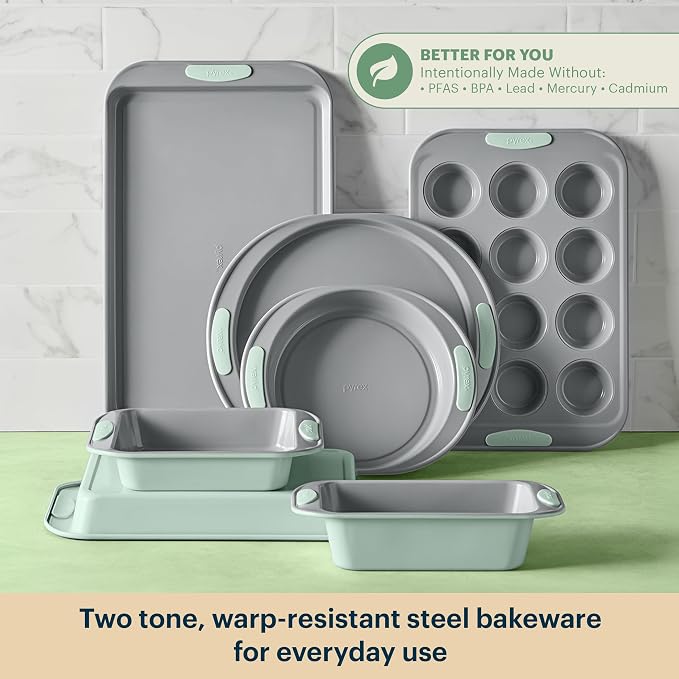 Pyrex 8-Piece Metal Bakeware Set with Heatsafe Silicone Handles, Sage | Lightweight stainless steel baking trays with heatsafe silicone handles, made without PFAS, mercury, lead, cadmium & BPA - Image 3