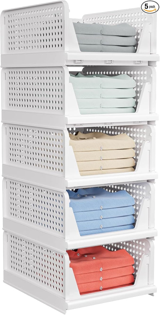 5 Pack Stackable Closet Storage Basket - Stackable Storage Bins | Multifunctional & Foldable Closet Organizer Waterproof, Wardrobe Cupboard Space-Saving Storage Drawer Organizer by shoeboxesanddeskorganizers