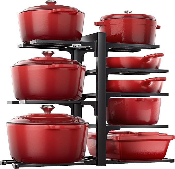 Pots and Pans Organizer Under Cabinet 15.8", 8-Tier Adjustable Black | 2 DIY Modes, Tool-Free Assembly, Max 120 Lbs, Fits Cast Iron Pans, Dutch Ovens & Heavy Cookware, For Kitchen Cabinets by ORDORA