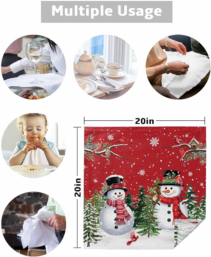 Red Snowman Christmas Cloth Napkins, Washable and Reusable Dinner Napkins Set of 2, Xmas Tree Snowflake Winter Branches Table Napkin for Kitchen Party Birthday Wedding Hotel Housewarming 20''x20'' - Image 5