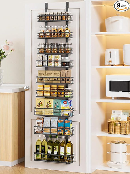 Delamu 9 Tier Over The Door Pantry Organizer, Pantry Organization and Storage, Hanging Spice Rack for Pantry Door Organizer, Metal Pantry Door Shelves for Kitchen Bathroom Laundry Room,15.3" Black by DELAMU
