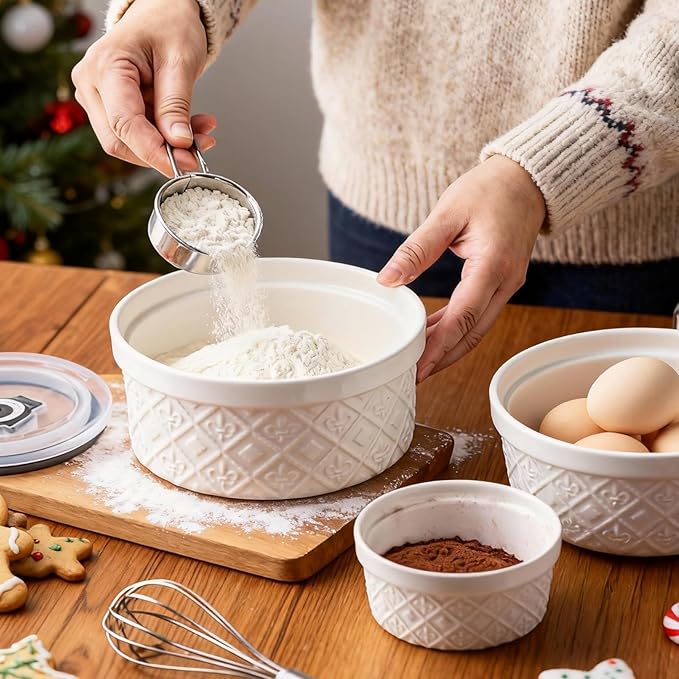 Large Mixing Bowls with Airtight Lids, Classic White Porcelain Embossed Nesting Salad Bowls for Baking and Cooking, 12/16/28/40oz Serving Bowls Set of 4, Oven and Dishwasher Safe, Thanksgiving Gift - Image 2