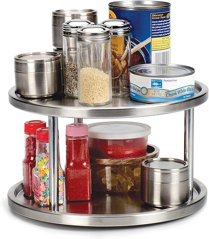 RSVP International Two-Tier Turntable Lazy Susan | Handy in Cabinet, Refrigerators & Counters | Organize Spices, Canned Foods, Pots, Pans, Dinnerware, 10.5" x 6", Stainless Steel - Image 2