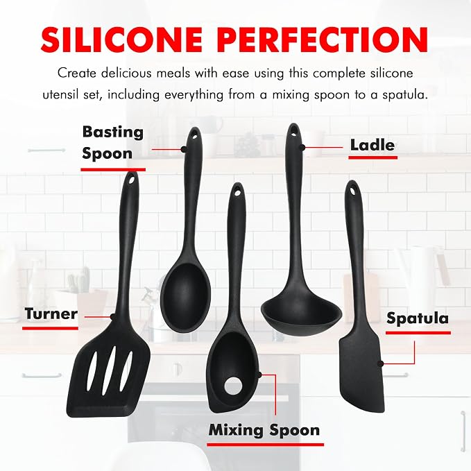 Chef Craft Premium Silicone Kitchen Tool and Utensil Set, 5 Piece, Black - Image 4
