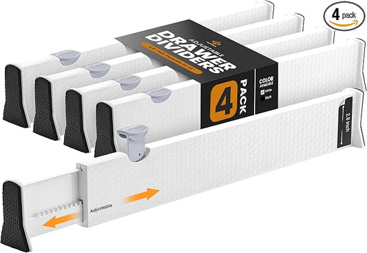 RAPTUROUS Adjustable Drawer Dividers 4 Pack, 2.5" High, 13-22" Long, Dresser Drawer Organizer for Bedroom, Closet, Kitchen, Nursery, Office, Strong Hold, Soft Foam Edges, White by Rapturous