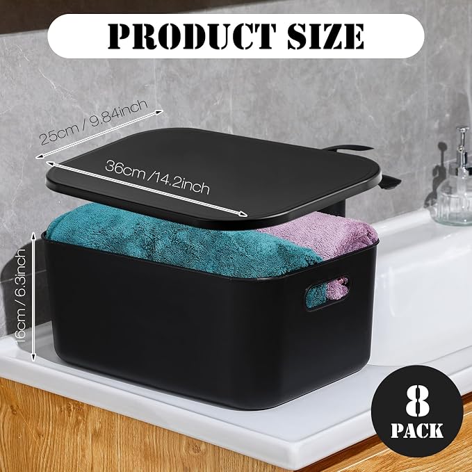 8 Pieces Colorful Storage Bins with Lid, Plastic Storage Basket Organizing Container Stackable Box with Handle for Shelves Desktop Playroom Office(13.8 x 9.8 x 5.9 Inch,Black) - Image 2