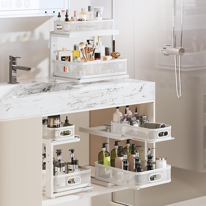 2 Pack Under Sink Organizer With Next-Gen Ball-Bearing Slides,2-Tier Precision Mesh Pull Out Cabinet Drawers Storage for Bathroom&Kitchen,Height Adjustable Shelf,Rust-resistant-Patent Pending - Image 7