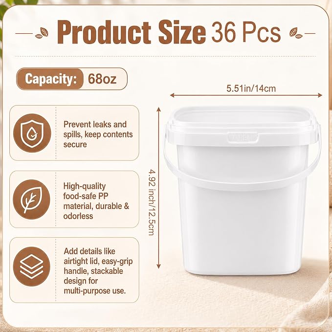 36 Pack 68 oz Ice Cream Buckets with Lids and Handles Food Grade Ice Cream Storage Containers White Reusable Plastic Stackable Tub with Airtight Seal for Commercial Kitchen Fruit Liquid Deli - Image 3