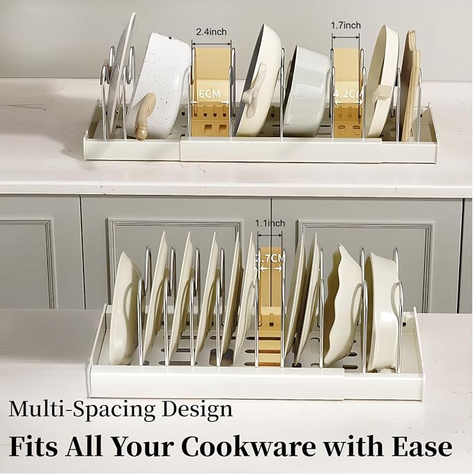 Pots and Pans Organizer under Cabinet, Expandable Adjustable Pot Lid Organizer Rack with 9 Stainless Steel Dividers, Food Storage Container Lid Holder for Kitchen Countertop Storage (White) - Image 9