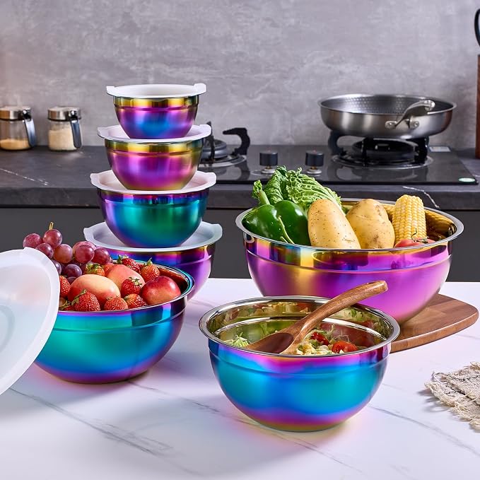 Colorful Mixing Bowls with Airtight Lids, Stainless Steel Nesting Mixing Bowls Set of 7, Ideal for Baking, Prepping and Serving Food, Size 7, 3.6, 2.7, 2.1, 1.5, 1.1,0.8 QT, Stackable Design - Image 6